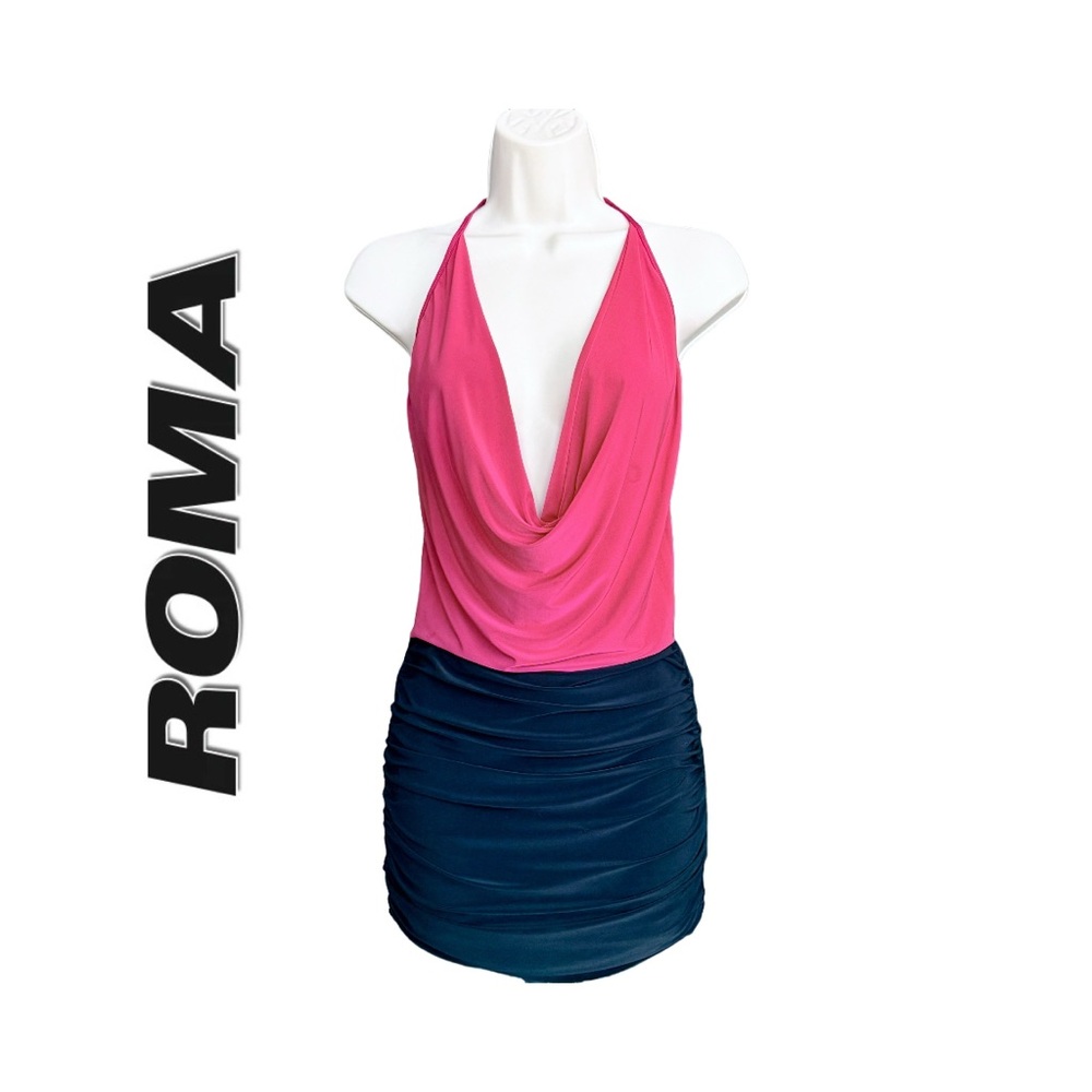Roma Two Tone Low Cowl Neck Ruched Halter Mini Dress, Red and Black, Size S/M
